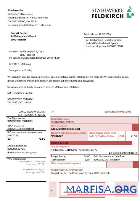 Blank Austria Stadtwerke Feldkirch business utility bill template in Word and PDF format